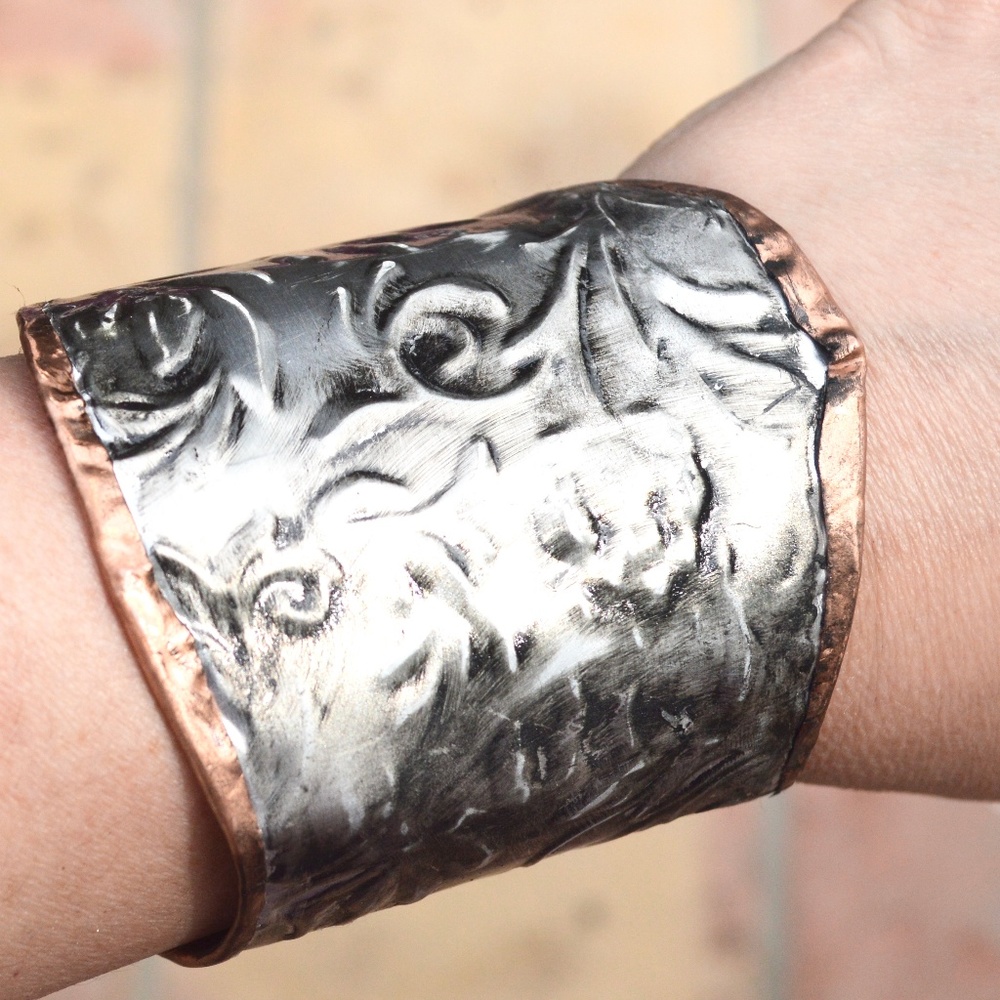 Rose Floral Silver Copper Embossed Gladiator Cuff Wide Handmade Victorian Armor - Picture 6 of 12